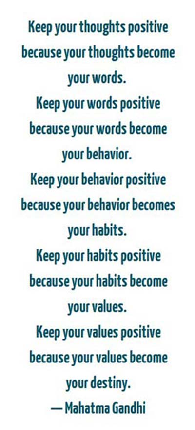 Keep your thoughts positive because your thoughts become your words. Keep your words positive because your words become your behavior.