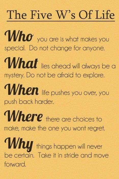 The five W’s of life. Who, What, When, Where, Why? WHO you are is what makes you special. Do not change for anyone.