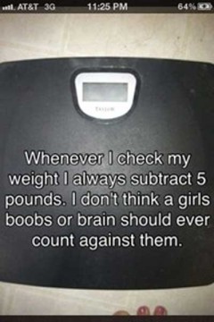 Whenever I check my weight I always subtract 5 pounds, I don't think a girls boobs or brain should ever count against them