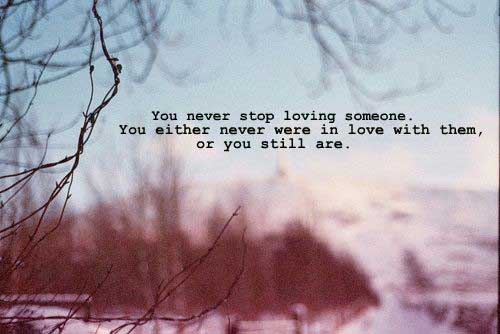 You never stop loving someone, You either never were in love with them, or you stil are